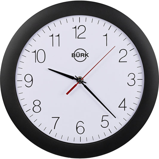 Wall clock made of ABS plastic, Ø 300 mm, quartz clock, black housing, white clock face.