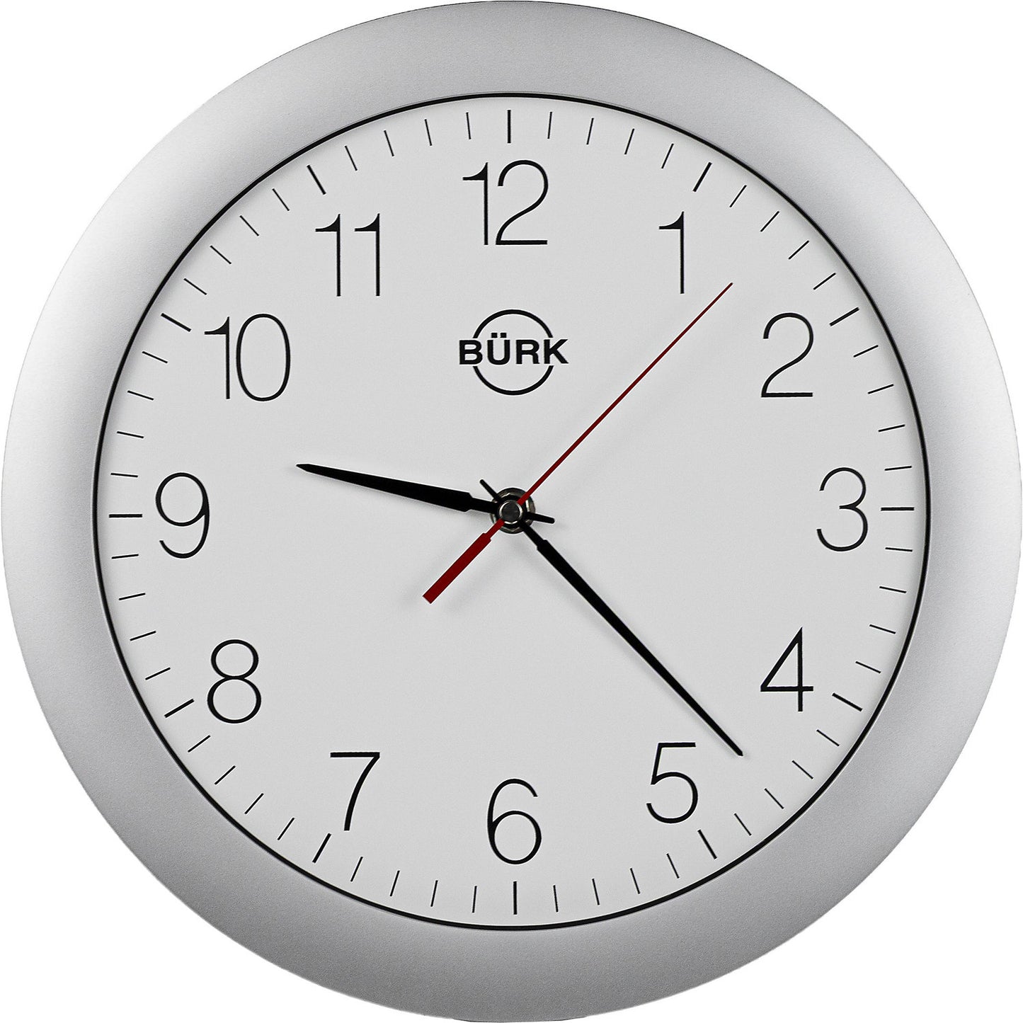 Wall clock made of ABS plastic, Ø 300 mm, quartz clock, matt silver housing, white clock face.