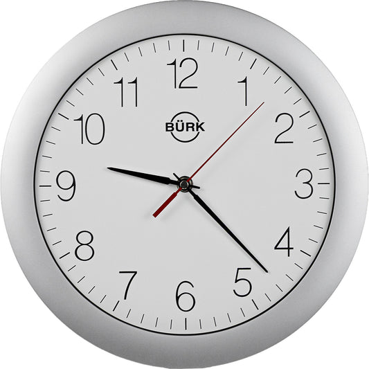 Wall clock made of ABS plastic, Ø 300 mm, quartz clock, matt silver housing, white clock face.