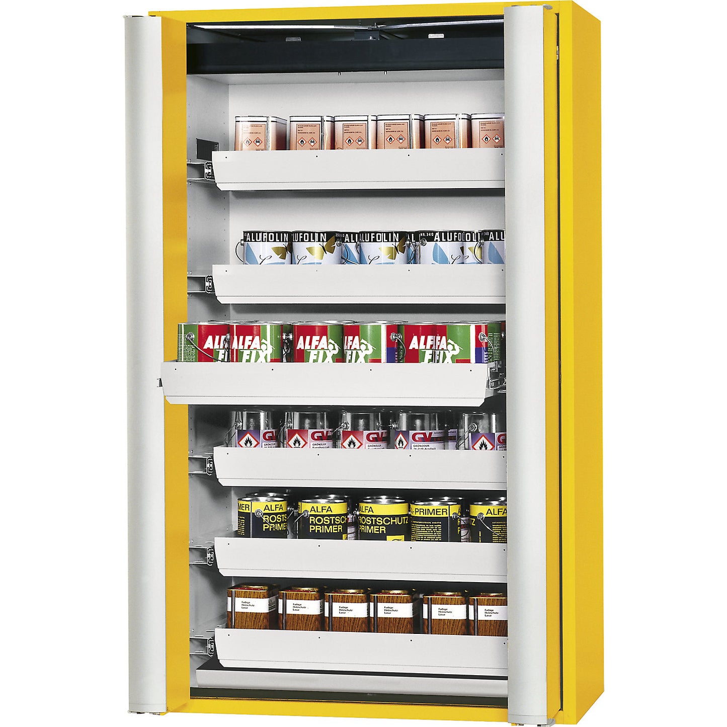 Fire resistant cupboard with folding doors for hazardous goods type 90, semi-automatic, with 6 drawers, gold yellow.