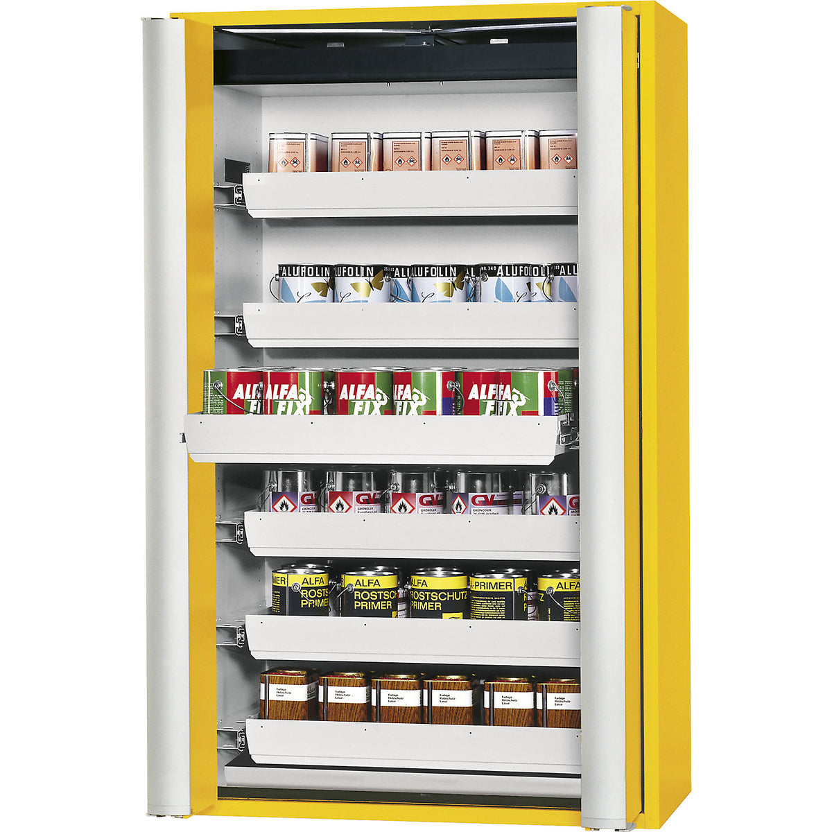 Fire resistant cupboard with folding doors for hazardous goods type 90, semi-automatic, with 6 drawers, gold yellow.