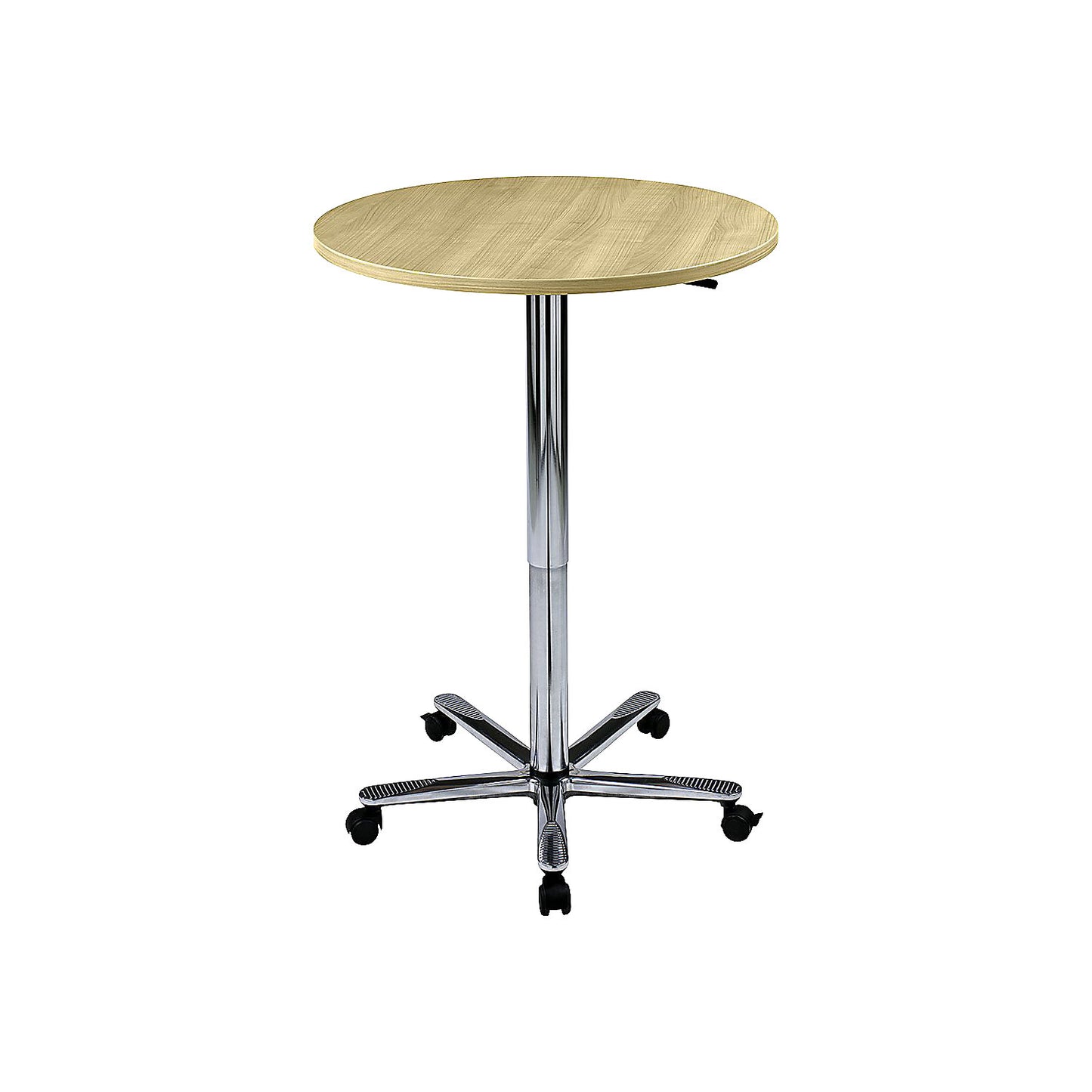 Canteen table, height adjustable, chrome plated frame, maple finish.