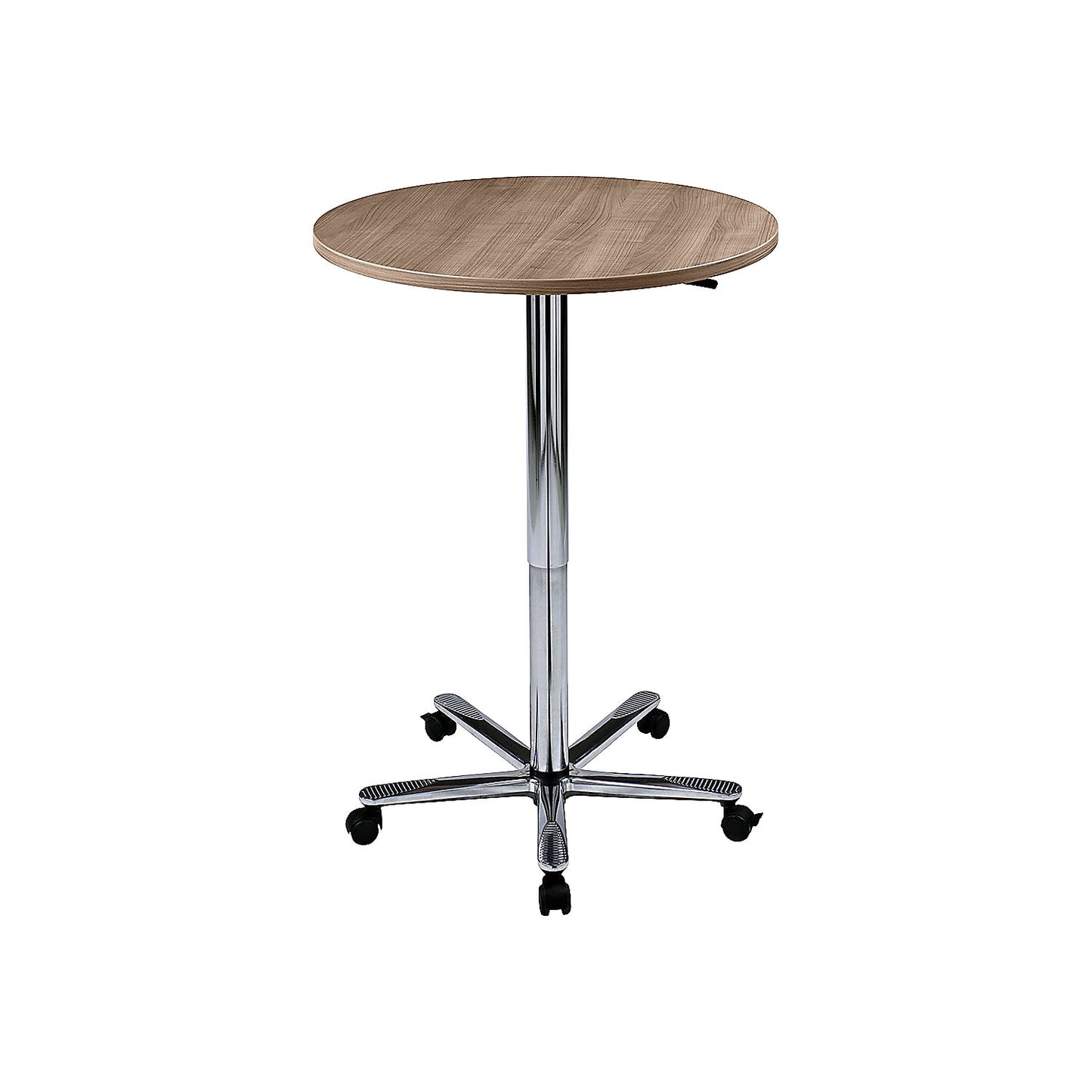 Canteen table, height adjustable, chrome plated frame, walnut finish.