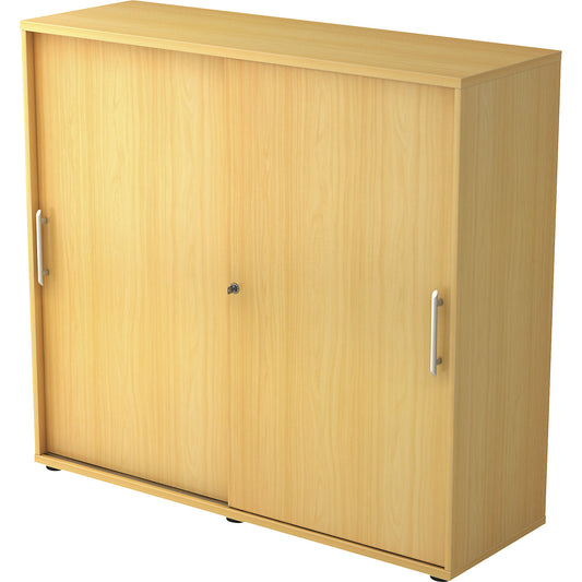 Sliding door cupboard, each with 2 shelves and 1 partition, HxWxD 1100 x 1200 x 400 mm, beech finish.