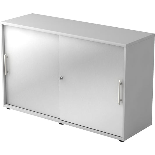 Sliding door cupboard, each with 1 shelf and 1 partition, HxWxD 748 x 1200 x 400 mm, light grey / aluminium silver.