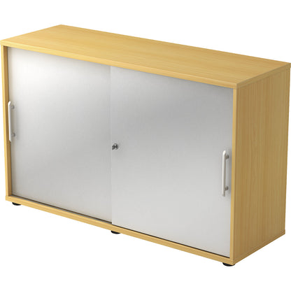 Sliding door cupboard, each with 1 shelf and 1 partition, HxWxD 748 x 1200 x 400 mm, beech finish / aluminium silver.