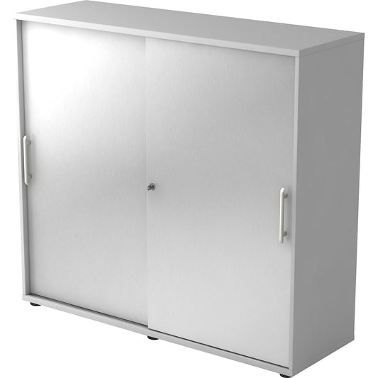 Sliding door cupboard, each with 2 shelves and 1 partition, HxWxD 1100 x 1200 x 400 mm, light grey / aluminium silver.