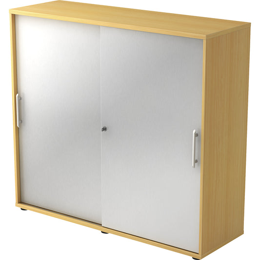 Sliding door cupboard, each with 2 shelves and 1 partition, HxWxD 1100 x 1200 x 400 mm, beech finish / aluminium silver.