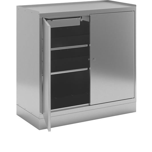 Stainless steel tool cupboard, with 2 shelves and 2 drawers, HxWxD 1000 x 1000 x 500 mm.