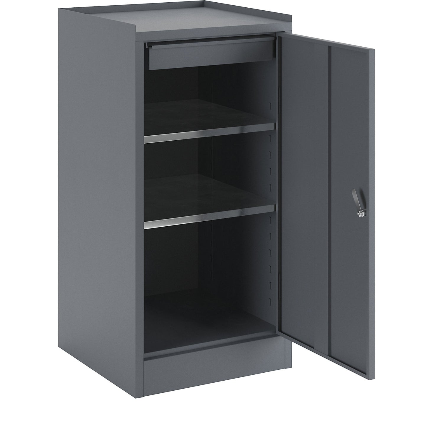Tool cupboard, with 1 drawer, 2 shelves, height adjustment grid 25 mm, blue grey RAL 7031.
