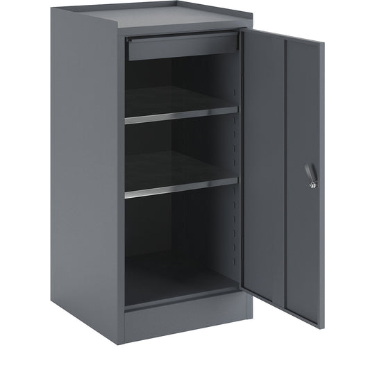 Tool cupboard, with 1 drawer, 2 shelves, height adjustment grid 25 mm, blue grey RAL 7031.