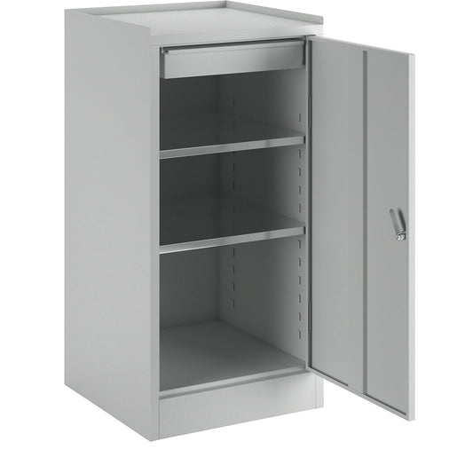 Tool cupboard, with 1 drawer, 2 shelves, height adjustment grid 25 mm, light grey RAL 7035.
