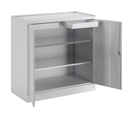 Tool cupboard, with 2 drawers, 2 full length shelves, light grey RAL 7035.