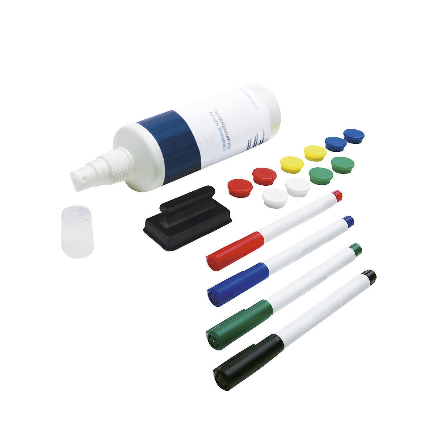 Accessory set, for whiteboard, 10 magnets, 4 markers, 1 dry wiper, 1 bottle of cleaner.