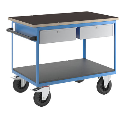 Assembly trolley, 2 drawers, light blue body, fronts in white aluminium.
