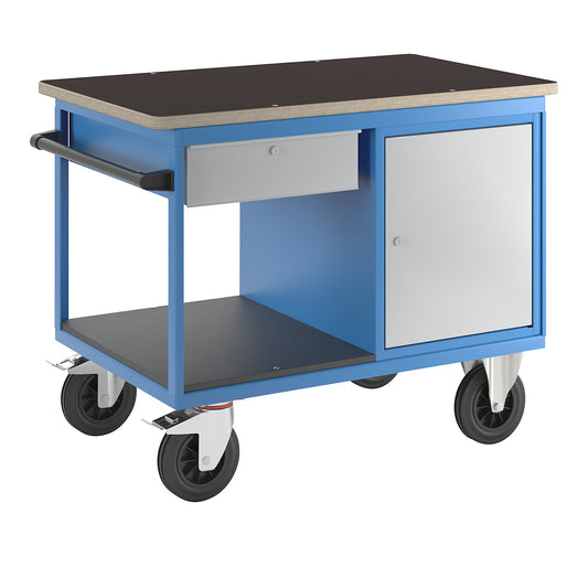 Assembly trolley, 1 cupboard, 1 drawer, light blue body, fronts in white aluminium.