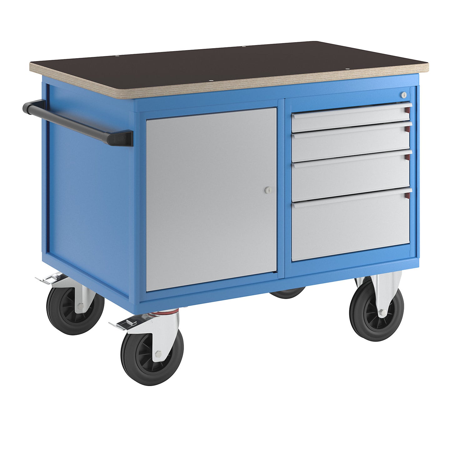 Assembly trolley, 1 cupboard, 1 drawer cupboard, two-tone, body light blue, front in white aluminium, multiplex worktop.