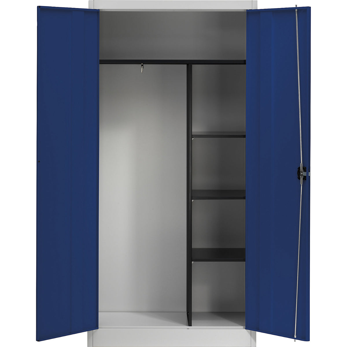 Steel cabinet with double doors, 3 short shelves and wardrobe, light grey / ultramarine blue.
