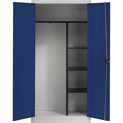 Steel cabinet with double doors, 3 short shelves and wardrobe, light grey / ultramarine blue.