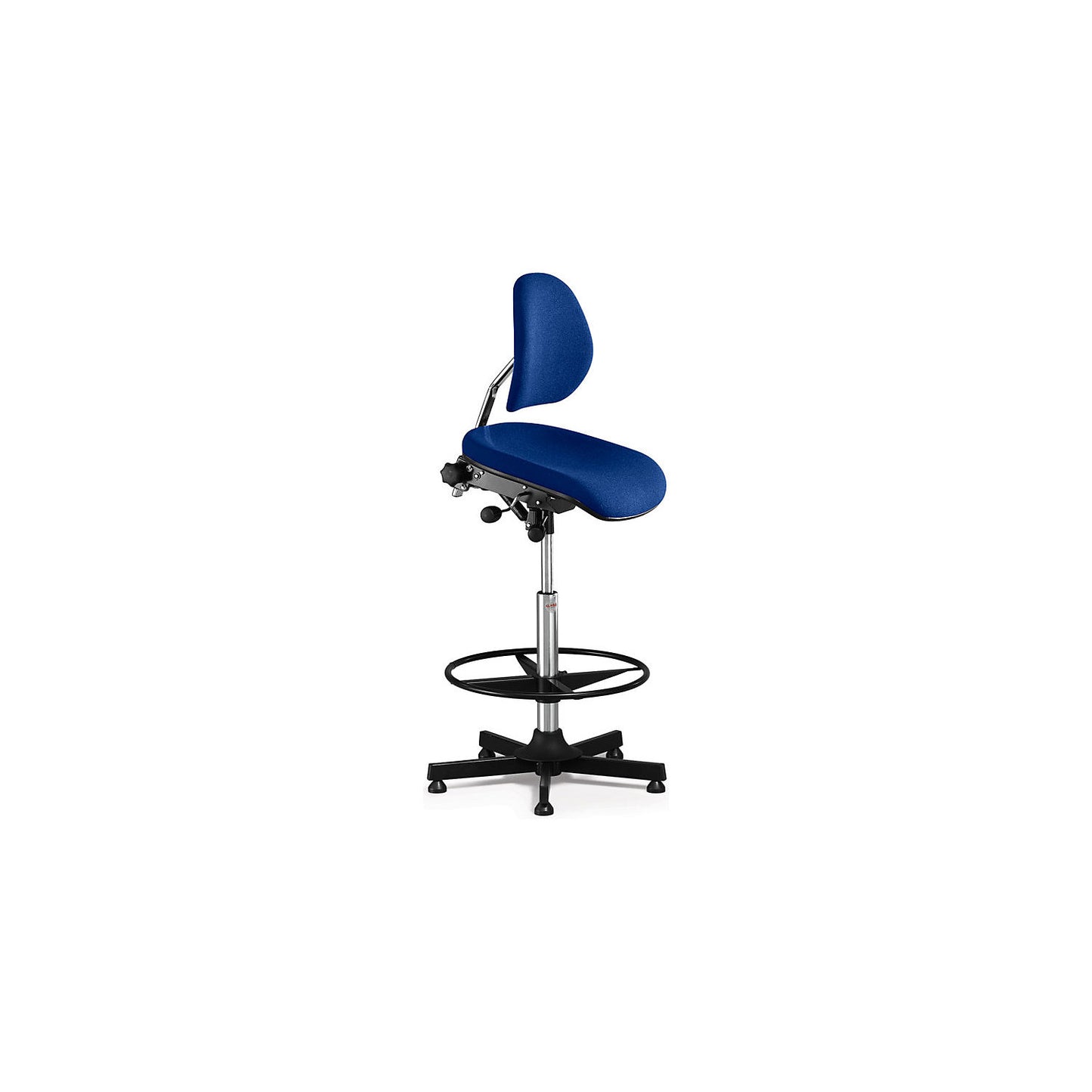 AEGA industrial chair, high model with floor glides and foot ring, fabric cover, blue, height adjustable 670 - 930 mm.