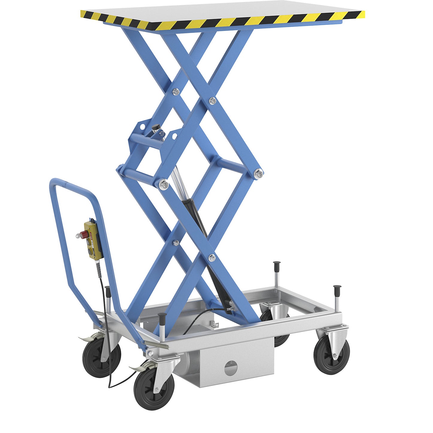 Double scissor lifting platform truck, electro-hydraulic lift, 230 V, max. load 500 kg.