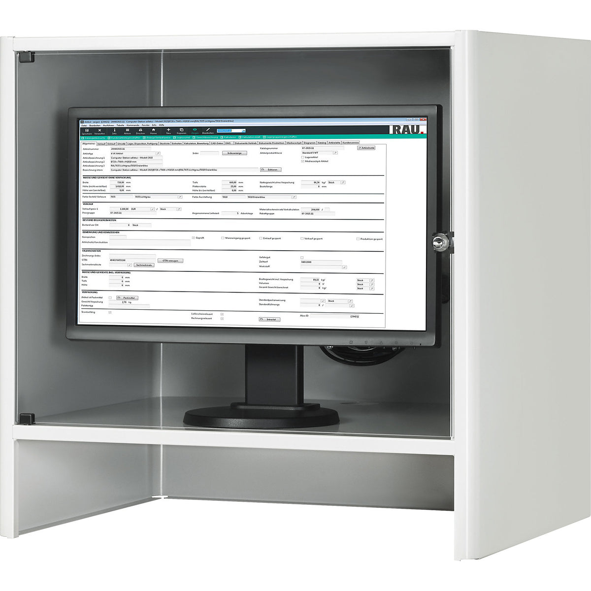 Monitor housing with integrated ventilation fan, HxWxD 710 x 720 x 550 mm, light grey RAL 7035.