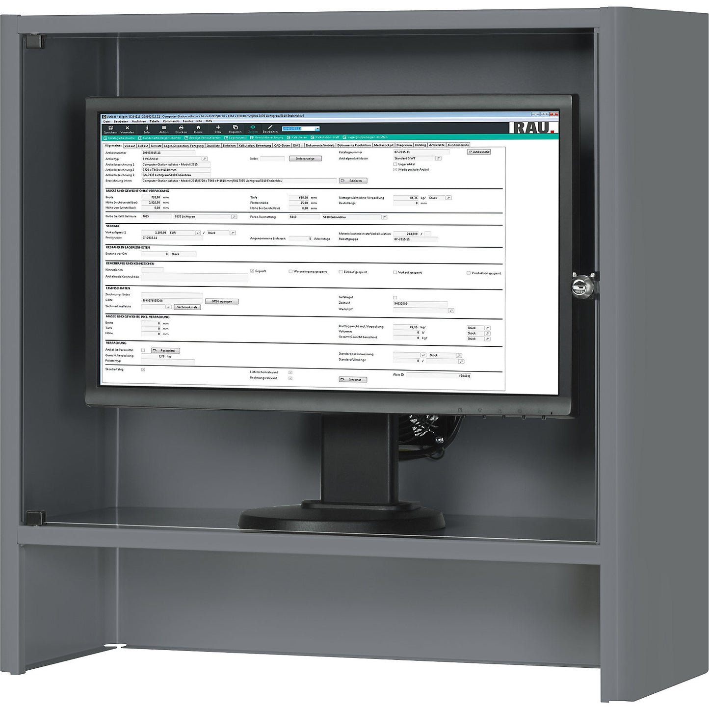 Monitor housing with integrated ventilation fan, HxWxD 710 x 720 x 300 mm, metallic charcoal.