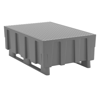 PE sump tray for 200 l drums, with runners, sump capacity 224 l, with zinc plated steel mesh.