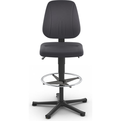 ESD industrial swivel chair, fabric cover, black, tubular steel five-star base, with floor glides and foot ring.