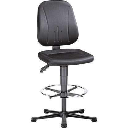 ESD industrial swivel chair, fabric cover, black, tubular steel five-star base, with floor glides and foot ring.
