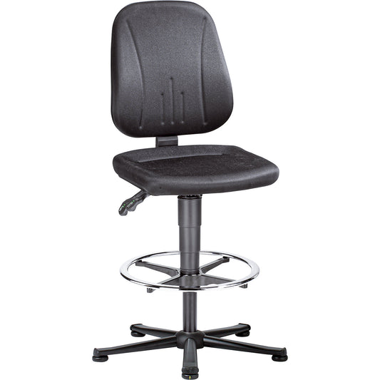 ESD industrial swivel chair, fabric cover, black, tubular steel five-star base, with floor glides and foot ring.