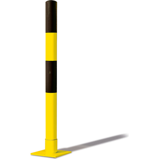 Barrier post made of steel tubing, flexible, Ø 76 mm, to bolt in place, black / yellow.