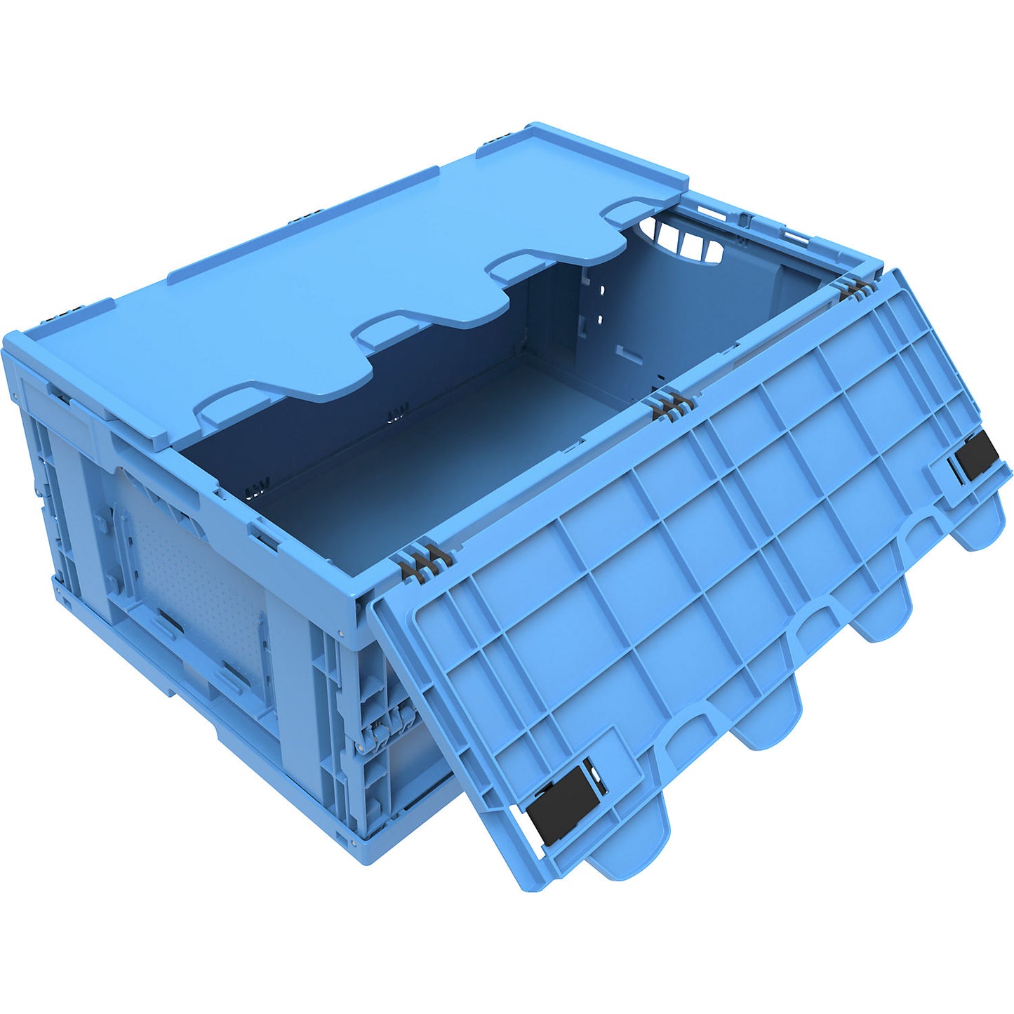 Polypropylene folding box, capacity 49 l, with hinged lid, blue.