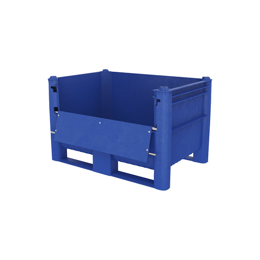 Polyethylene pallet box, capacity 500 l, model with 2 runners, 1 side flap.