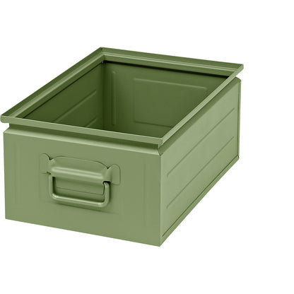 Stacking container made of sheet steel, capacity approx. 25 l, reseda green RAL 6011.