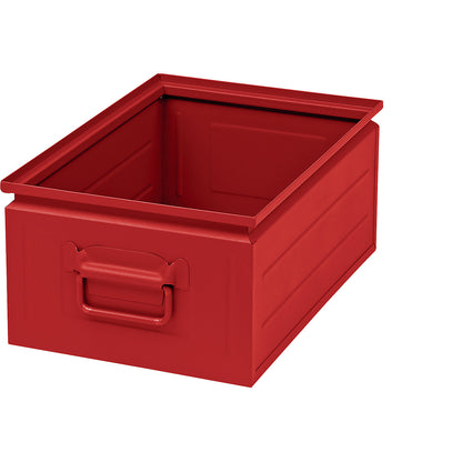 Stacking container made of sheet steel, capacity approx. 25 l, flame red RAL 3000.