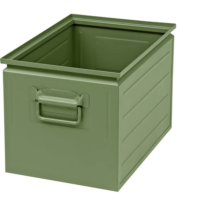 Stacking container made of sheet steel, capacity approx. 35 l, reseda green RAL 6011.