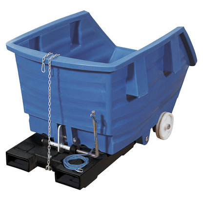 Tilting skip made of polyethylene, with forklift pockets and castors, capacity 0.5 m³, blue.