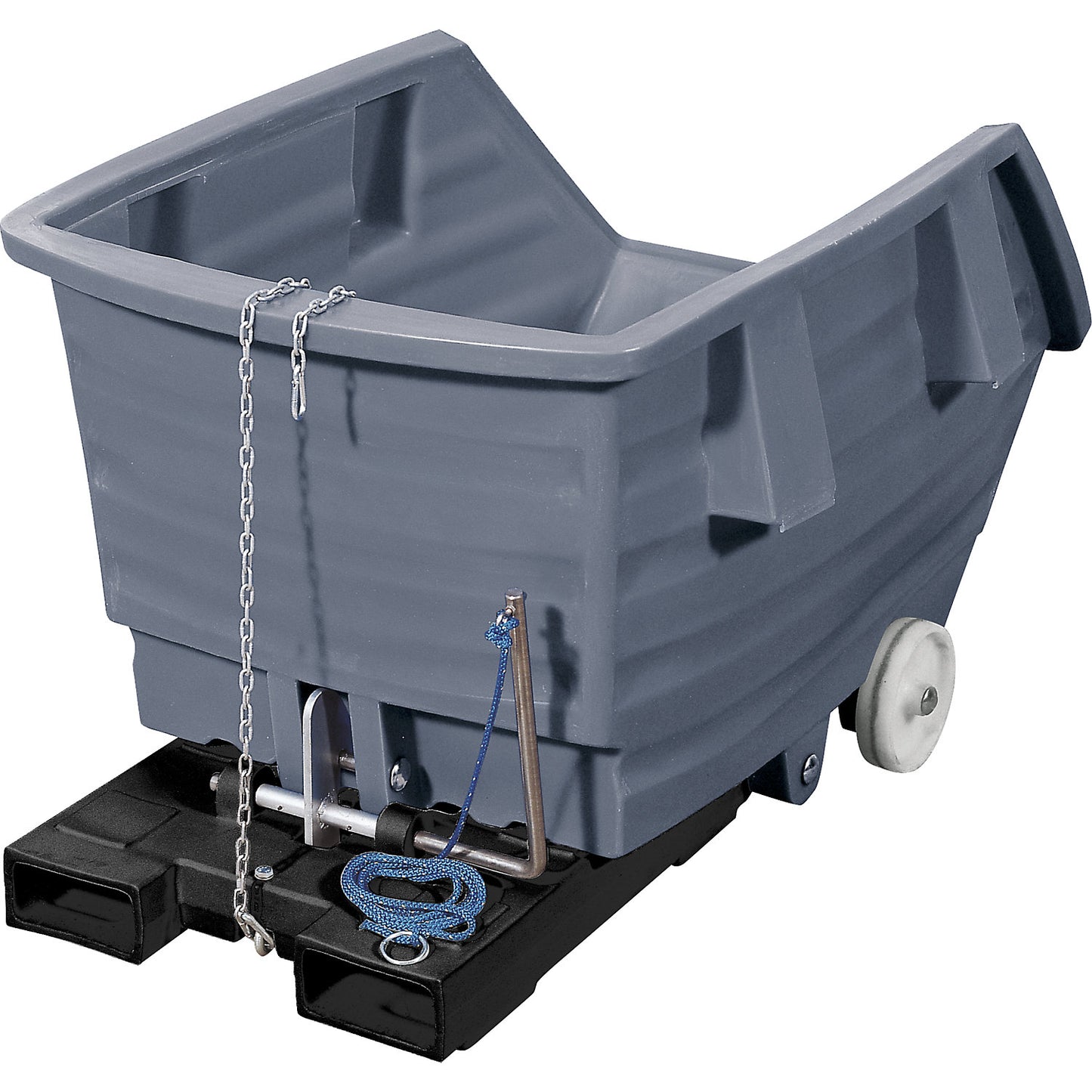 Tilting skip made of polyethylene, with forklift pockets and castors, capacity 0.75 m³, grey.