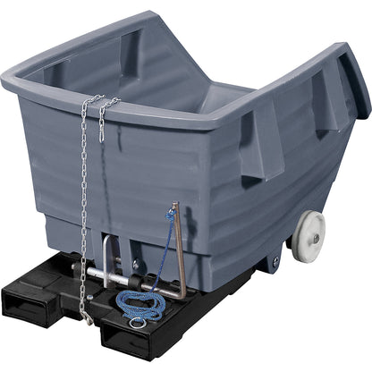 Tilting skip made of polyethylene, with forklift pockets and castors, capacity 0.75 m³, grey.