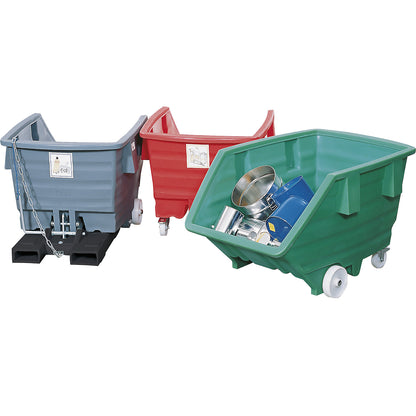 Tilting skip made of polyethylene, with forklift pockets and castors, capacity 0.75 m³, grey.
