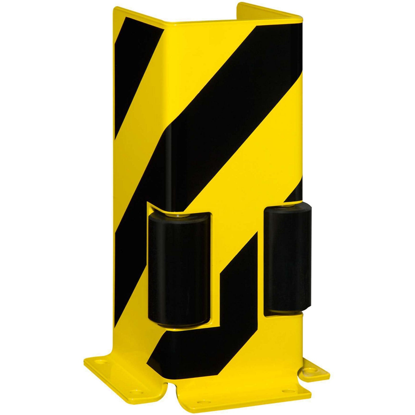 Shelf unit crash protection guard with guide rollers, U profile, black / yellow.