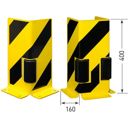 Shelf unit crash protection guard with guide rollers, U profile, black / yellow.