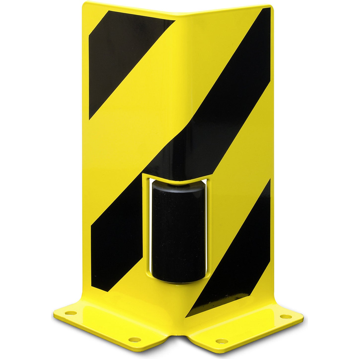 Shelf unit crash protection guard with guide rollers, L profile, black / yellow.
