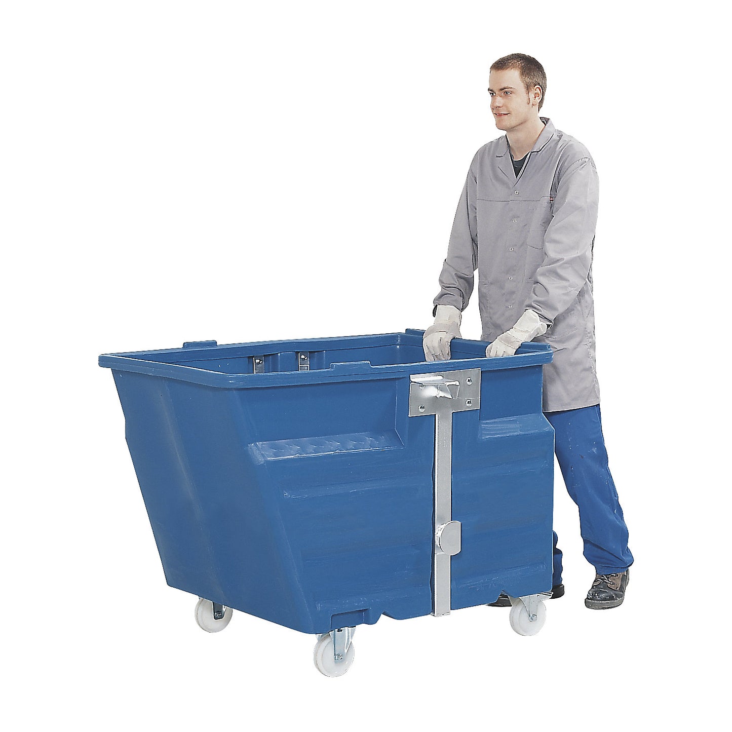 Tilting skip, PE, with suspension support bar, castors, capacity 0.6 m³, blue.