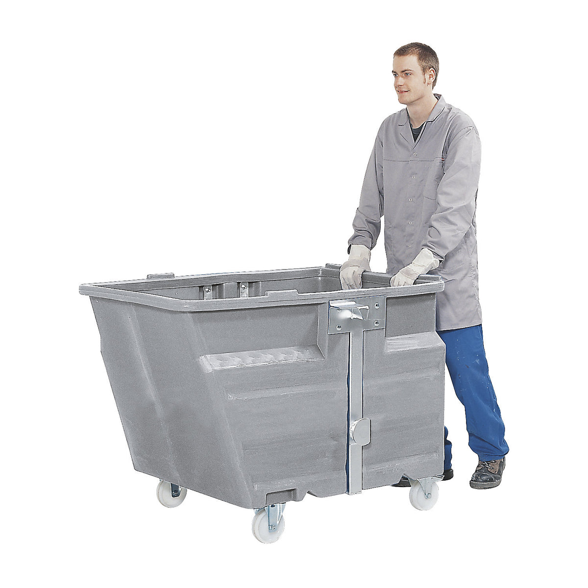 Tilting skip, PE, with suspension support bar, castors, capacity 0.8 m³, grey.