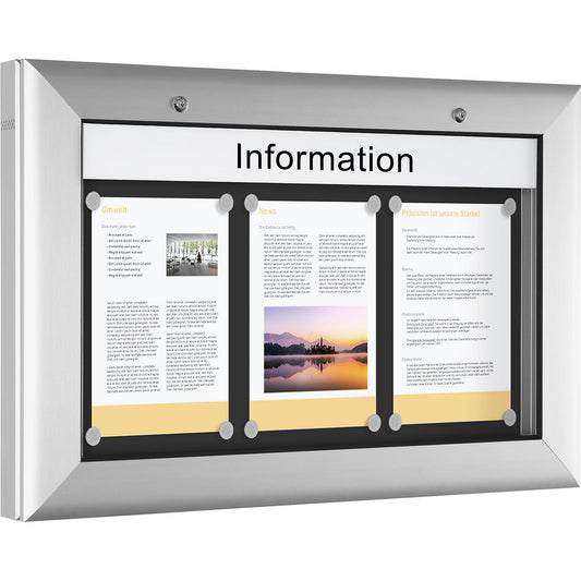 Display case for indoor and outdoor use, landscape format, for A2, door opens downwards 180°.