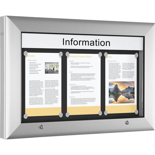 Display case for indoor and outdoor use, landscape format, for A2, door opens upwards 90°, rear panel colour charcoal.