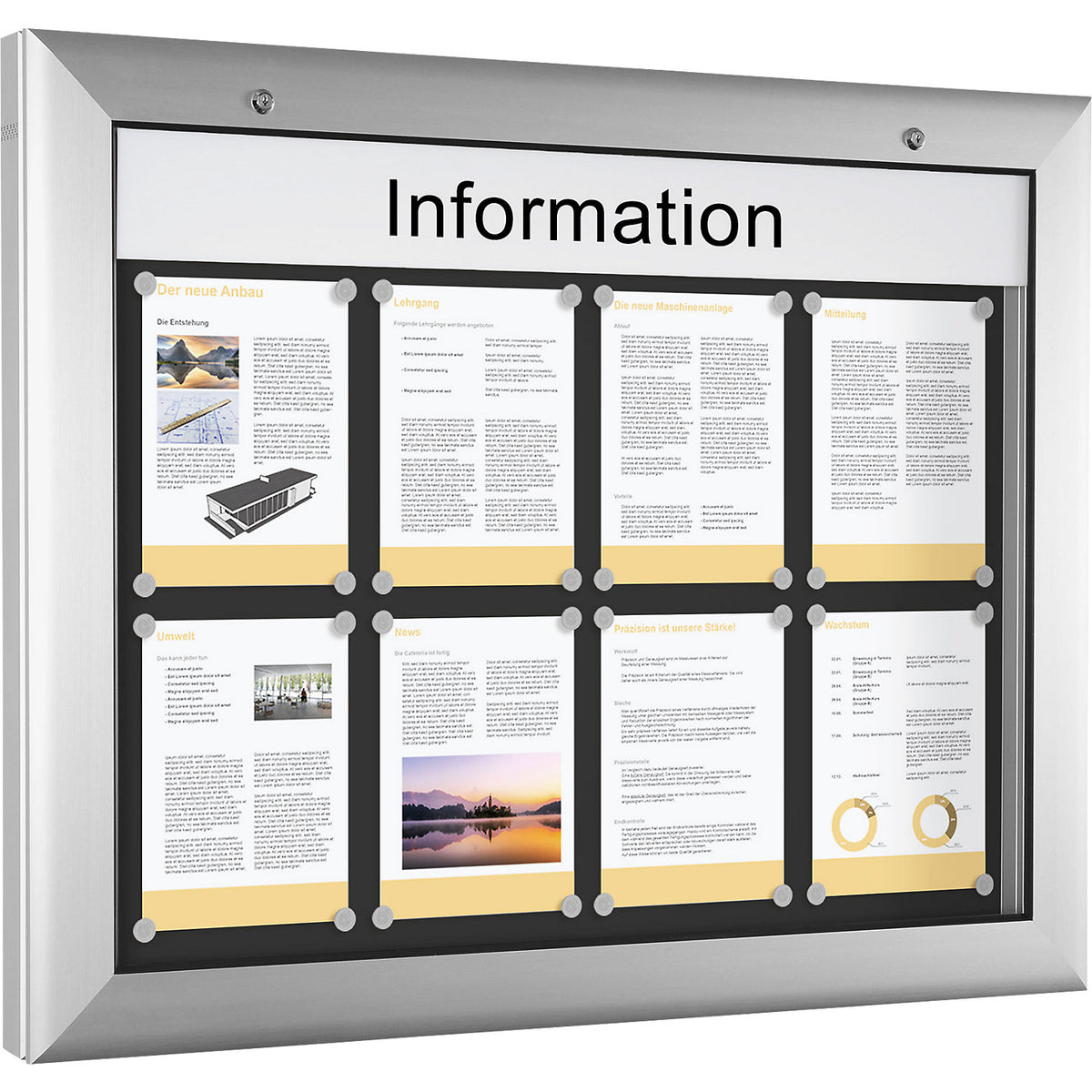 Display case for indoor and outdoor use, landscape format, for A1, door opens downwards 180°.