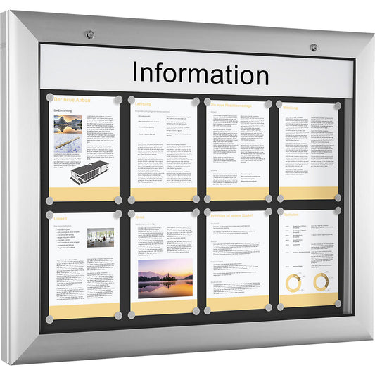 Display case for indoor and outdoor use, landscape format, for A1, door opens downwards 180°.